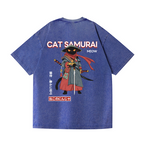 Cat Samurai Vintage Wash Japanese Design Back Art T-Shirt