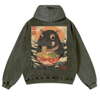 Hippo Ramen Ukiyoe Vintage Washed Cotton Back Art Hoodie