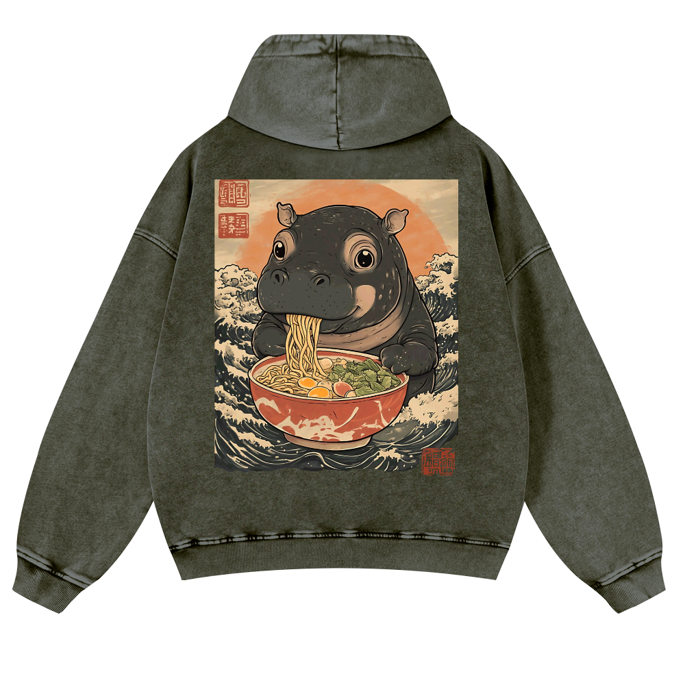 Hippo Ramen Ukiyoe Vintage Washed Cotton Back Art Hoodie