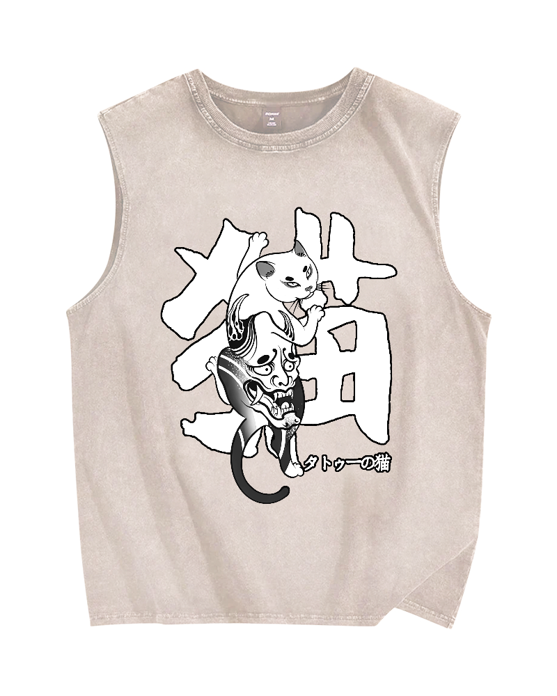 Cat With Oni Mask Tattoo Vintage Distressed Washed Tank Top