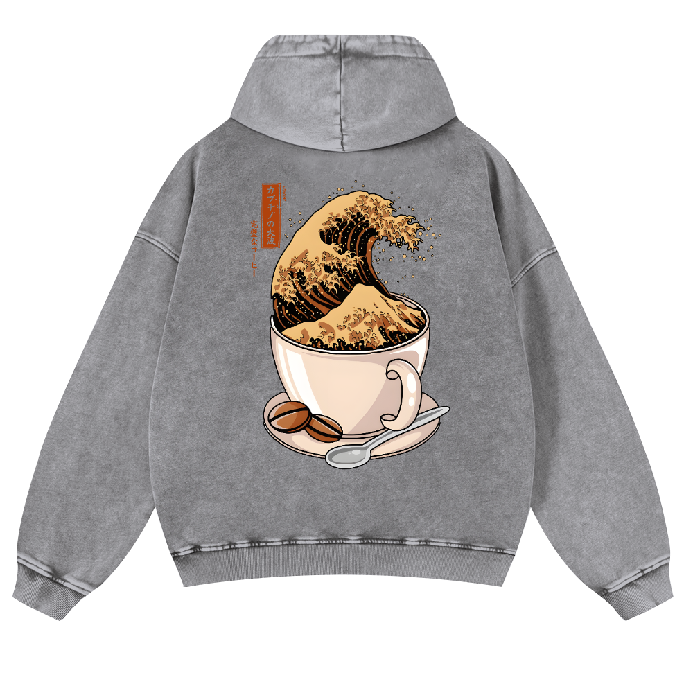 Coffee Wave Vintage Washed Cotton Back Art Hoodie