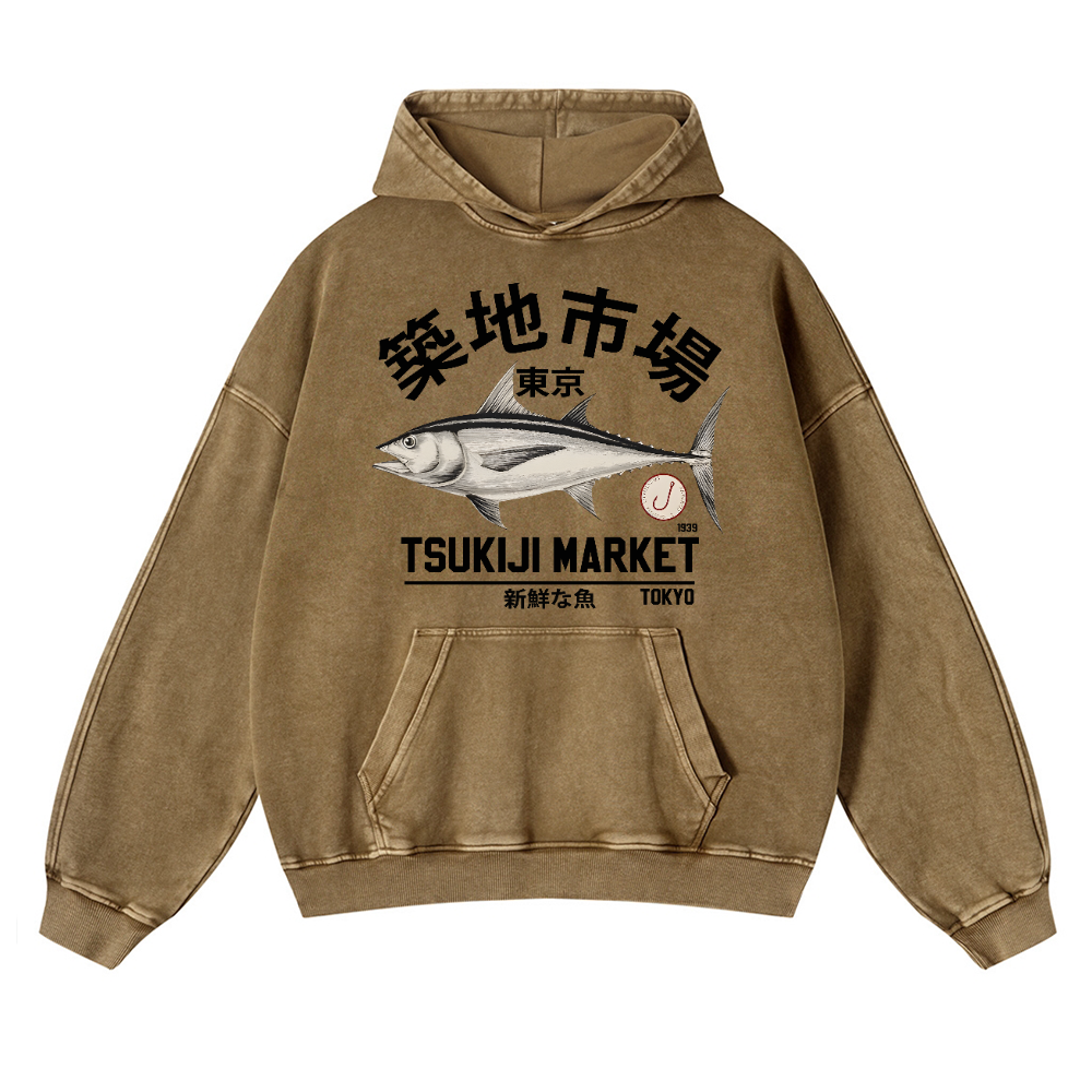 Tsukiji Tuna Fish Market Vintage Washed Thick Cotton Hoodie