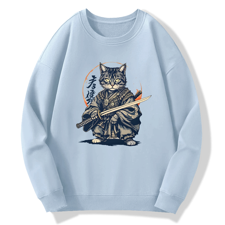 Samurai Cat Retro Ukiyo-e Painting Cotton Pullover Sweatshirt