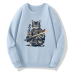 Samurai Cat Retro Ukiyo-e Painting Cotton Pullover Sweatshirt