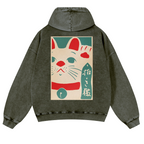 Lucky Cat Vintage Washed Cotton Back Art Hoodie
