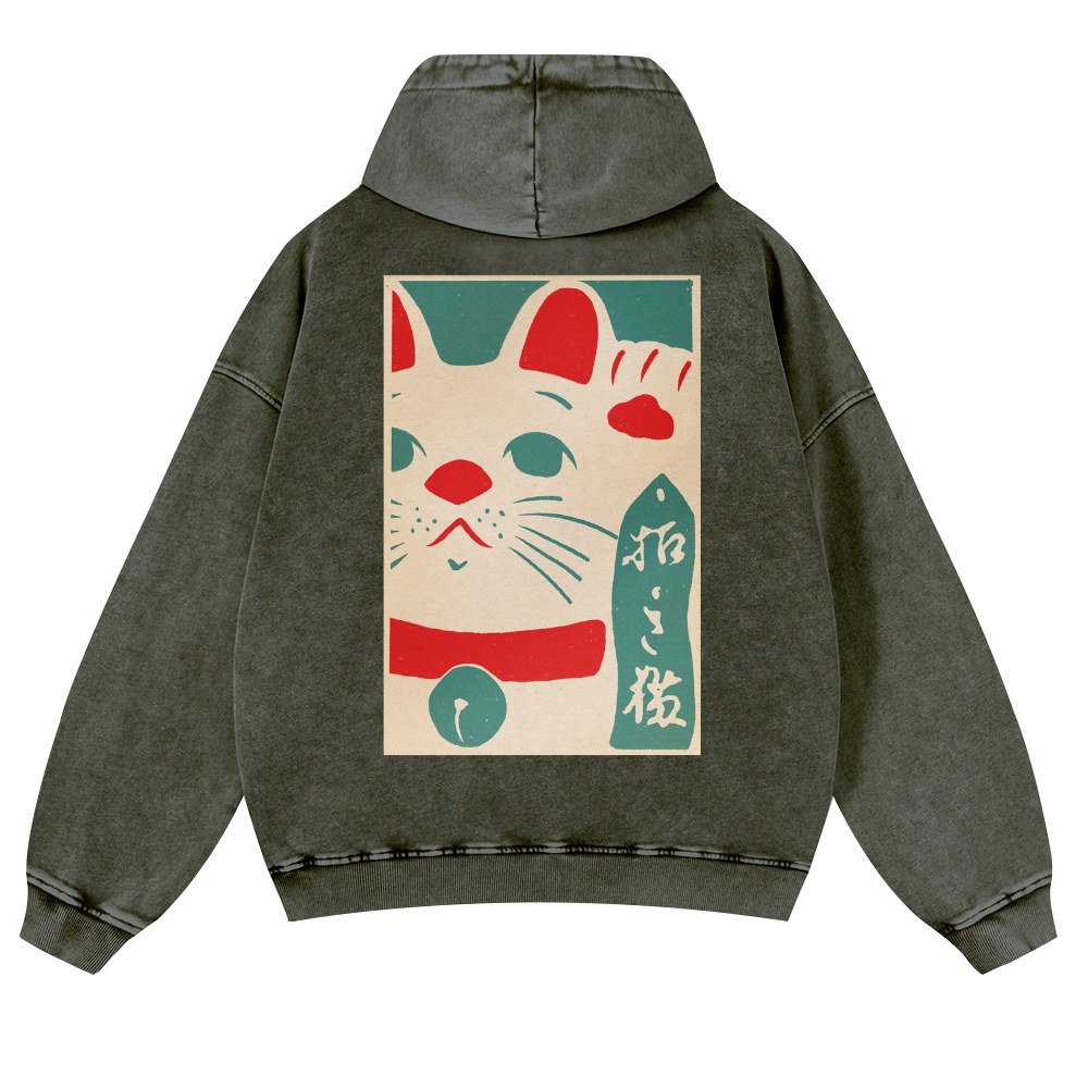 Lucky Cat Vintage Washed Cotton Back Art Hoodie