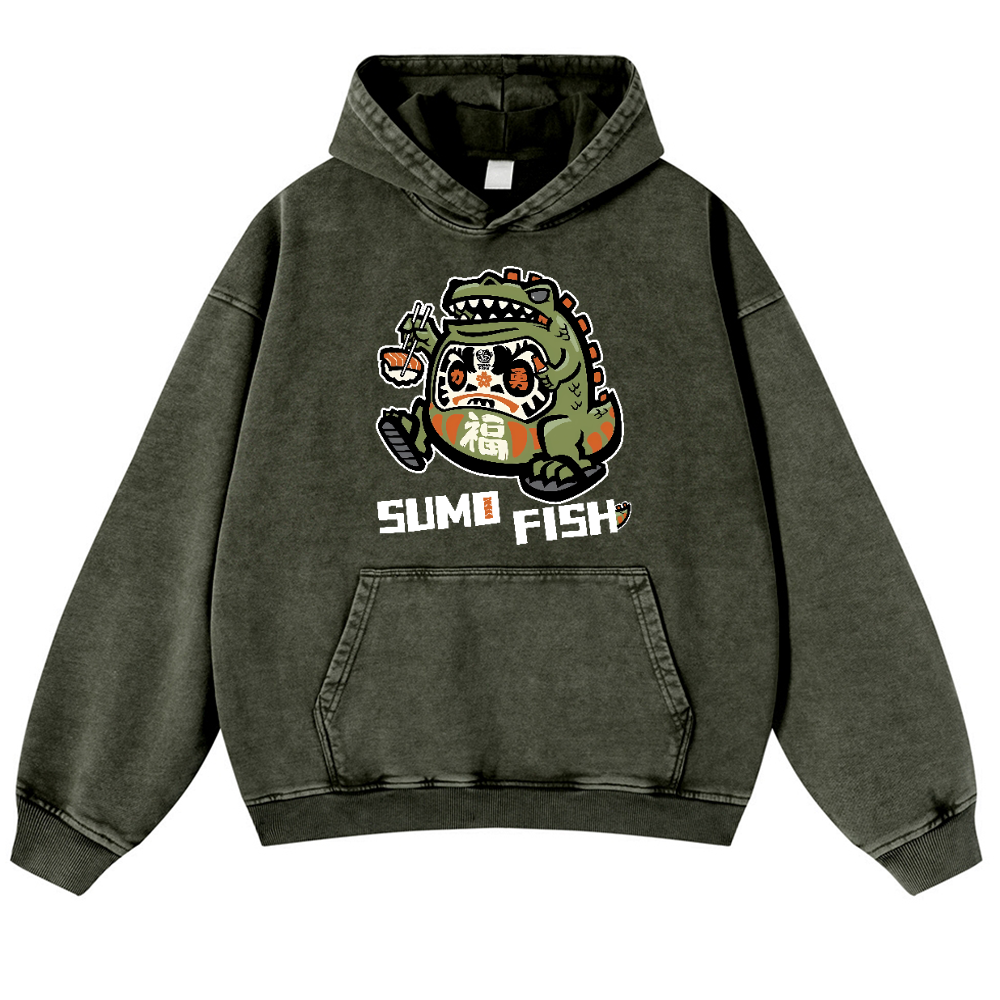 Sumo Fish Daruma Sushi Vintage Washed Thick Cotton Hoodie