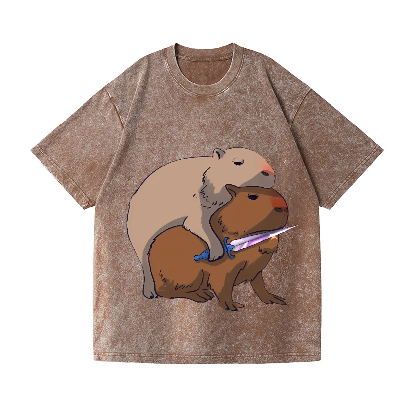 Capybaras and the Mysterious Sword Vintage Wash Japanese Design T-Shirt