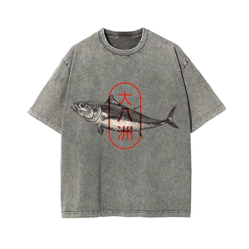 Great Eight Islands of Japan Tuna Fish Vintage Wash Japanese Design T-Shirt