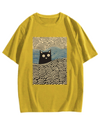Wave Japanese Cat Art Cotton Casual T-shirt