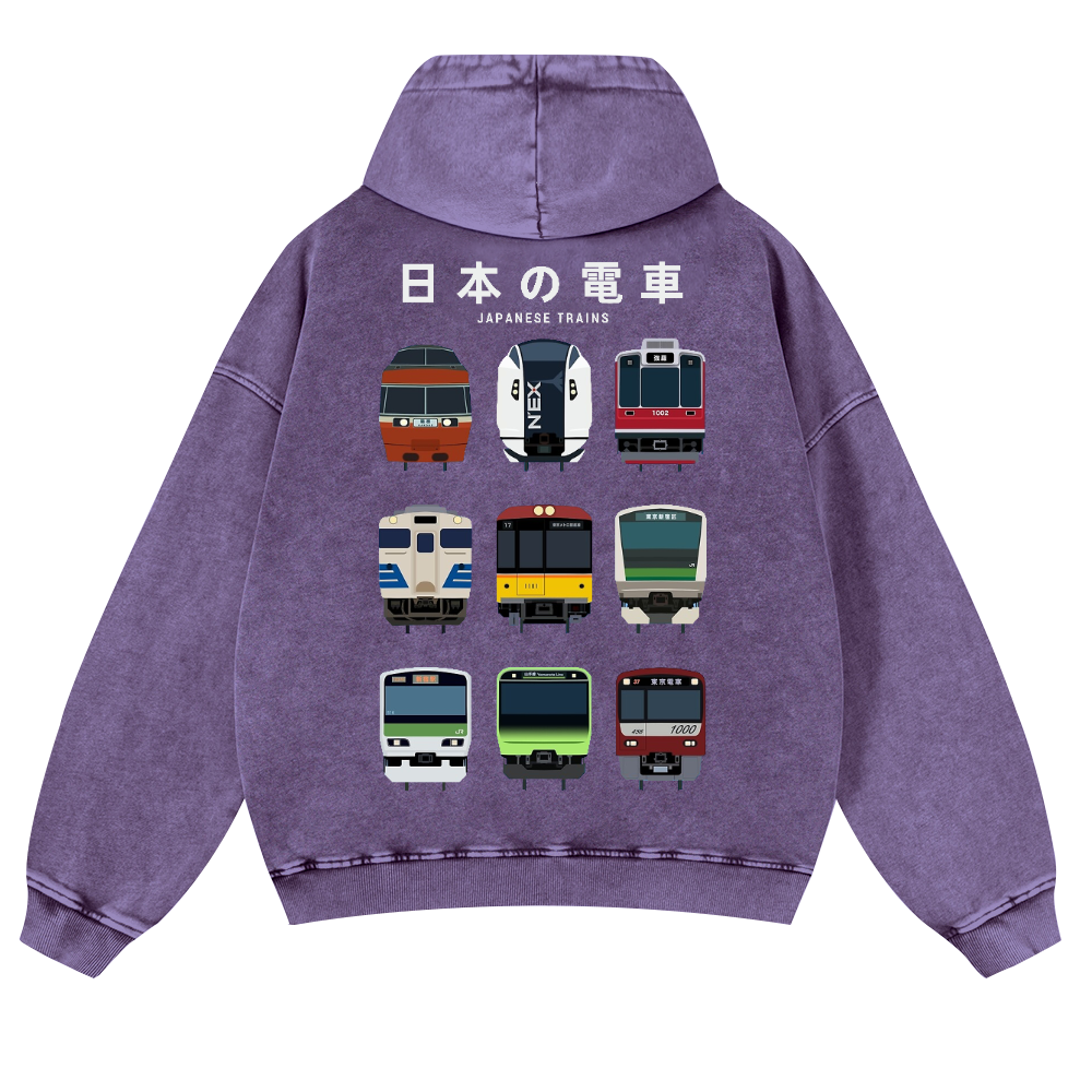 Japanese Trains Vintage Washed Cotton Back Art Hoodie