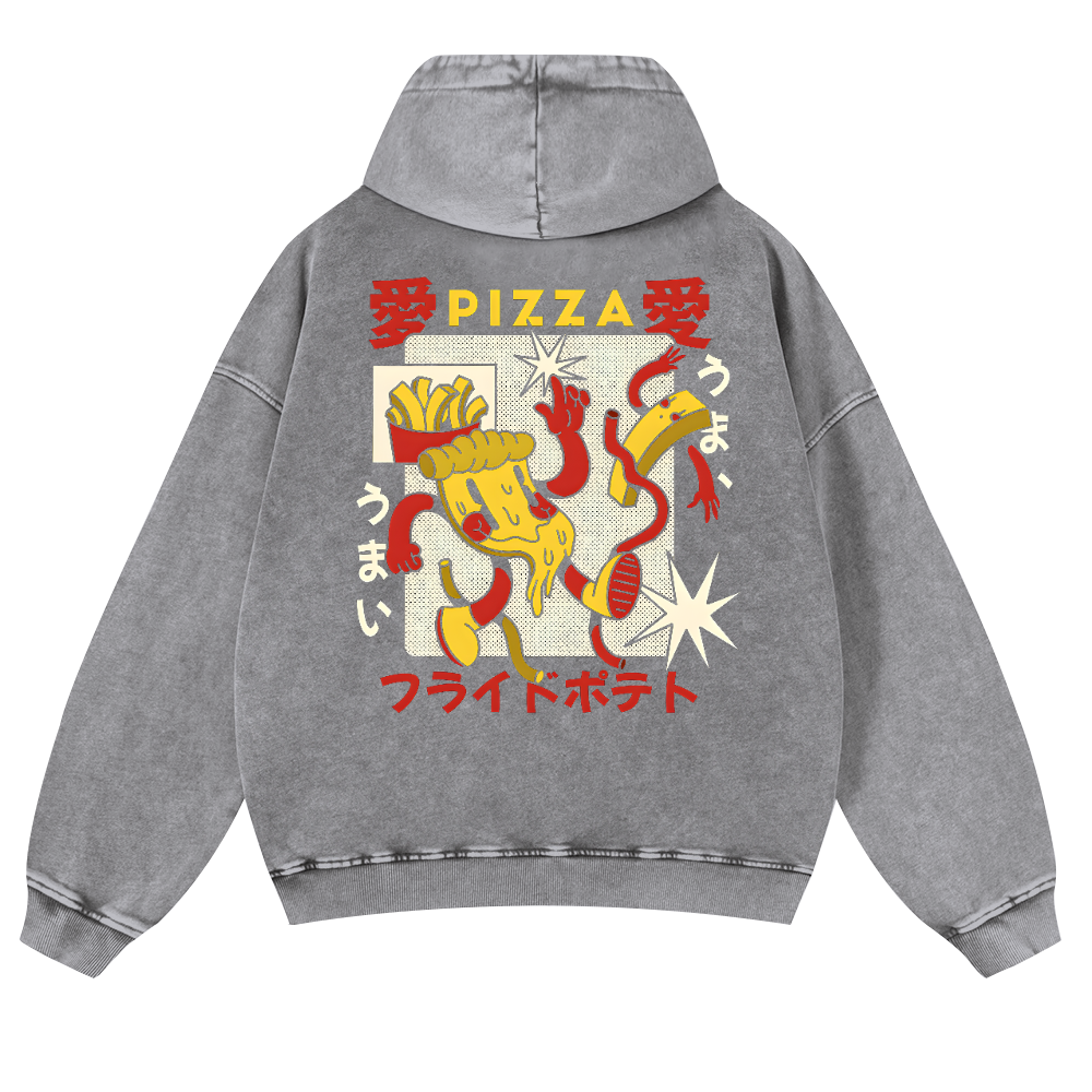 Japanese Pizza and French Fries Vintage Washed Cotton Back Art Hoodie