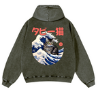 Cat Wave Vintage Washed Cotton Back Art Hoodie