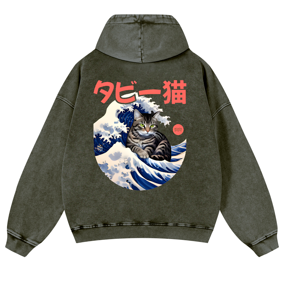 Cat Wave Vintage Washed Cotton Back Art Hoodie