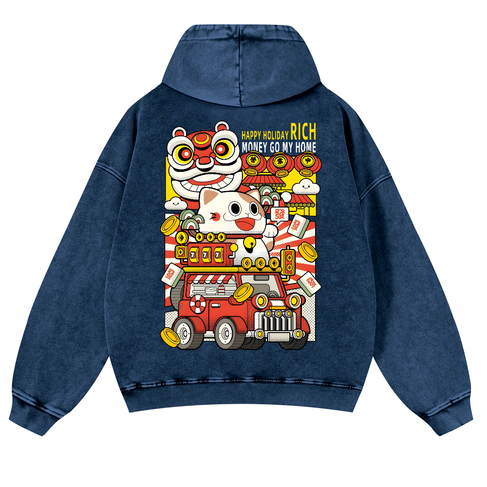 Cat Vintage Washed Cotton Back Art Hoodie