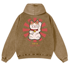 Lucky Cat Vintage Washed Cotton Back Art Hoodie