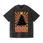 Cat-Themed Christmas Tree Vintage Wash Japanese Design T-Shirt