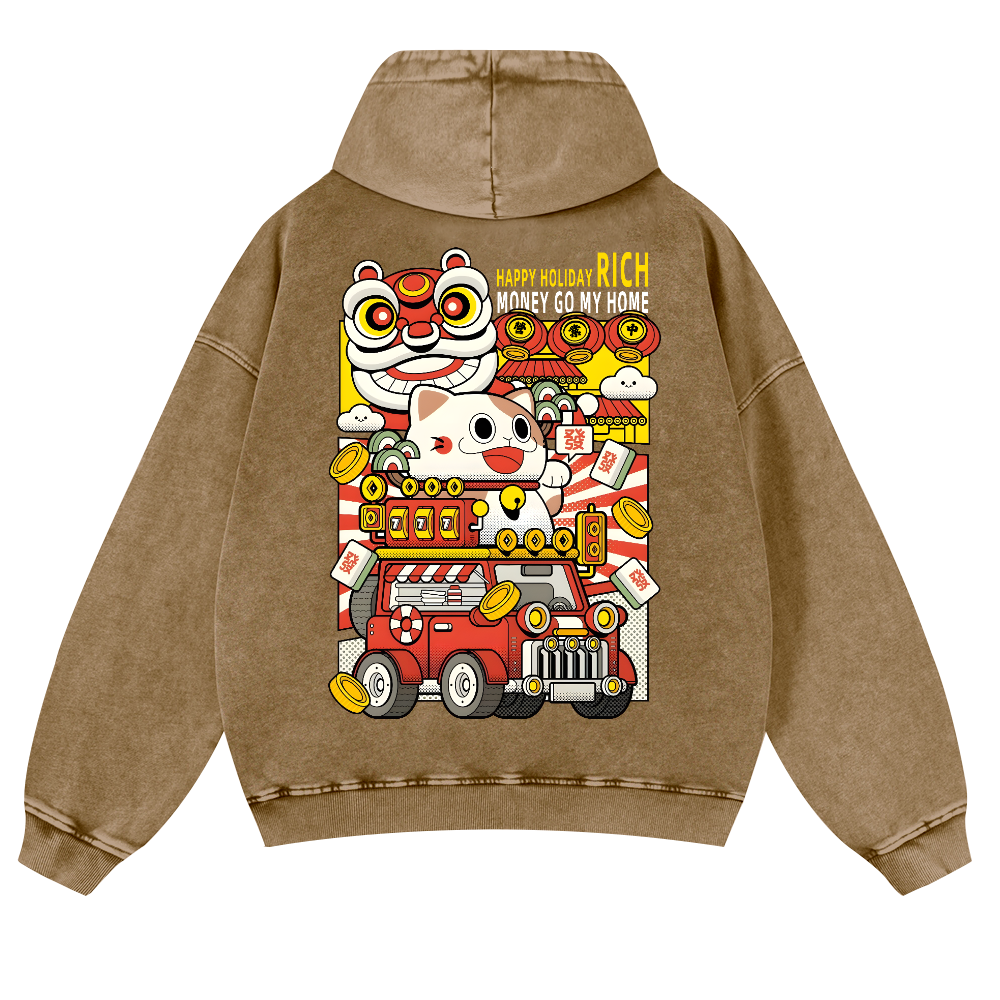 Cat Vintage Washed Cotton Back Art Hoodie