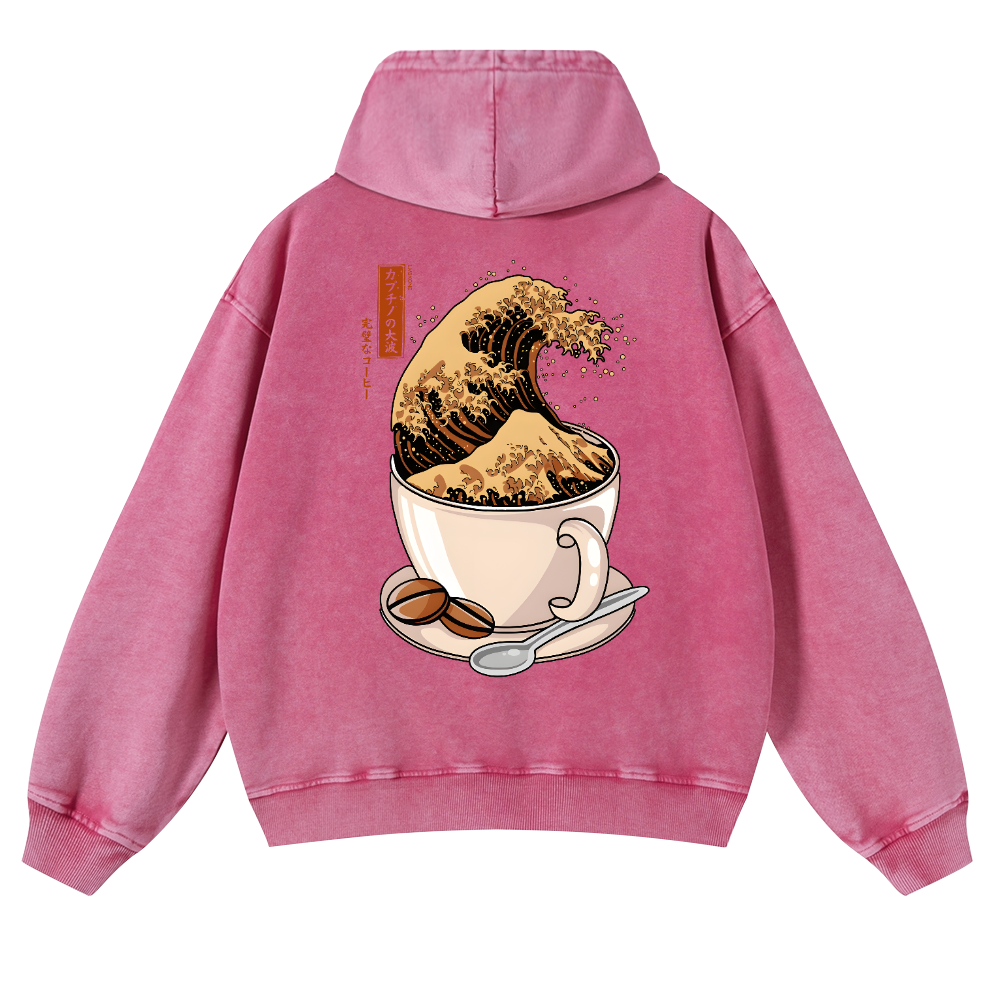 Coffee Wave Vintage Washed Cotton Back Art Hoodie