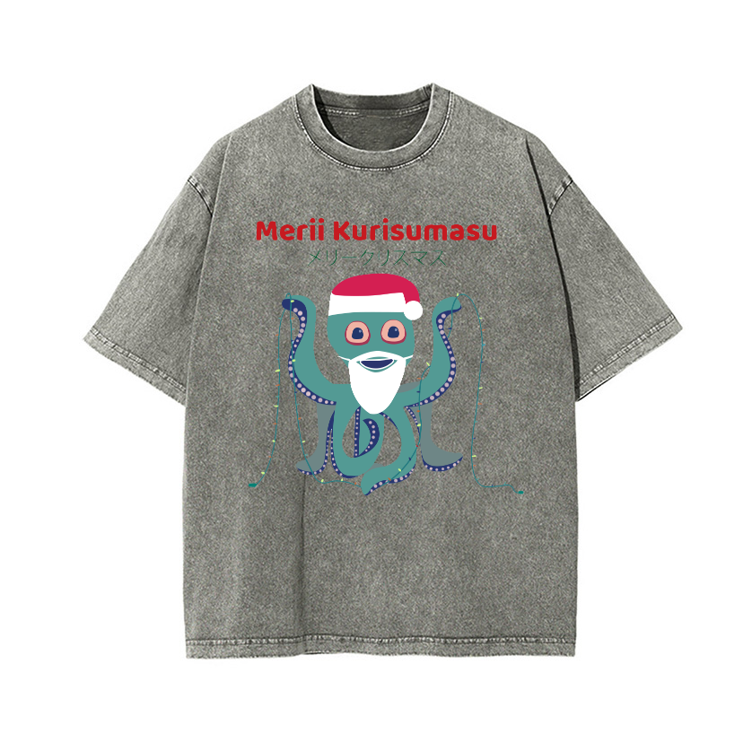 Christmas Octopus Vintage Wash Japanese Design T-Shirt