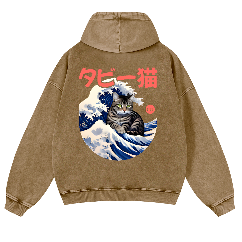 Cat Wave Vintage Washed Cotton Back Art Hoodie
