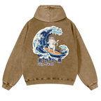 Ukiyoe Wave Cat Vintage Washed Cotton Back Art Hoodie