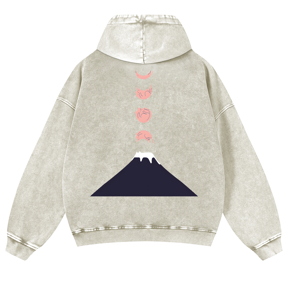Mount Fuji Cat Moon Vintage Washed Cotton Back Art Hoodie