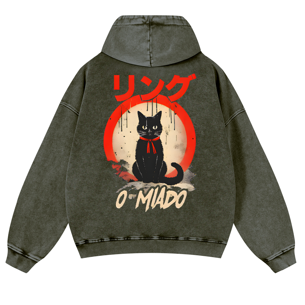 Black Cat Vintage Washed Cotton Back Art Hoodie
