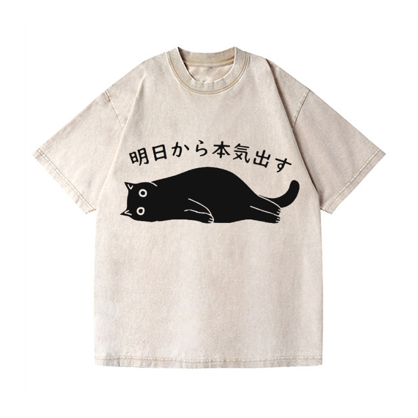Black Cat Get Serious from Tomorrow Onwards Vintage Wash Japanese Design T-Shirt