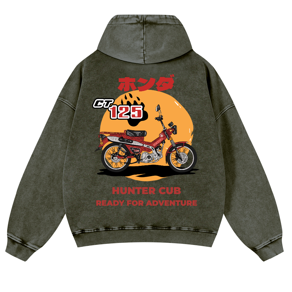 Hunter Cub Motorcycle Bike Vintage Washed Cotton Back Art Hoodie