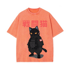 Battle Black Cat Vintage Wash Japanese Design T-Shirt