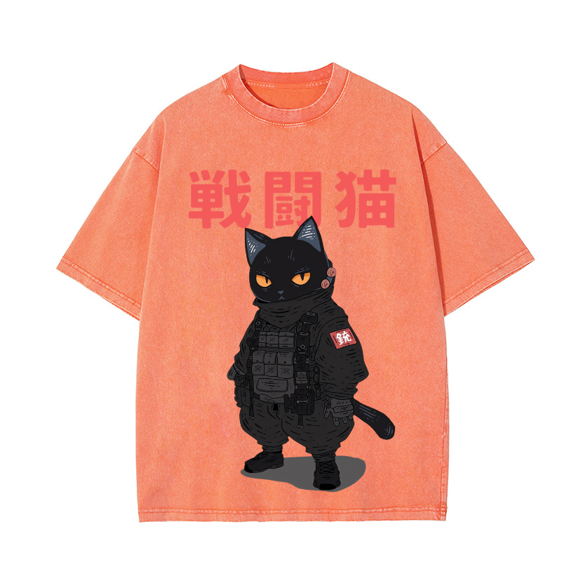 Battle Black Cat Vintage Wash Japanese Design T-Shirt