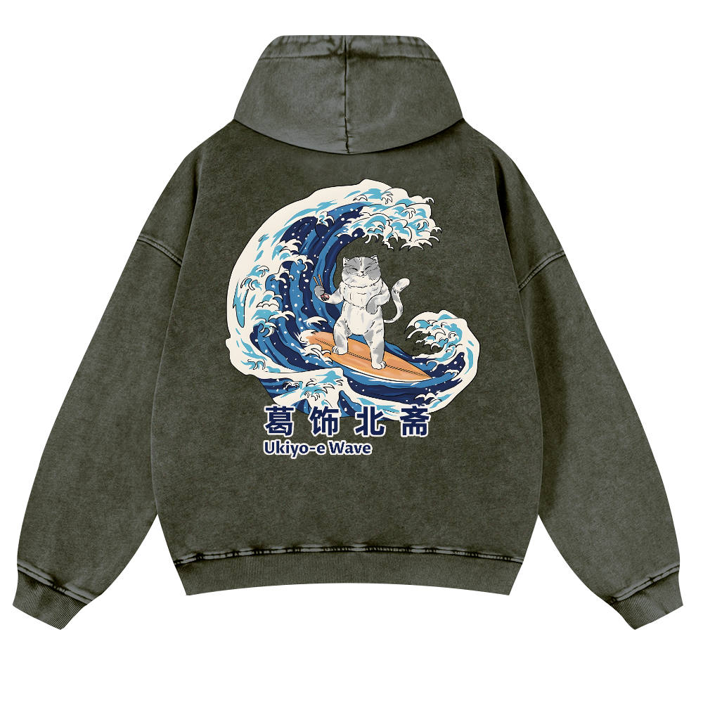 Ukiyoe Wave Cat Vintage Washed Cotton Back Art Hoodie