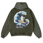 Ukiyoe Wave Cat Vintage Washed Cotton Back Art Hoodie