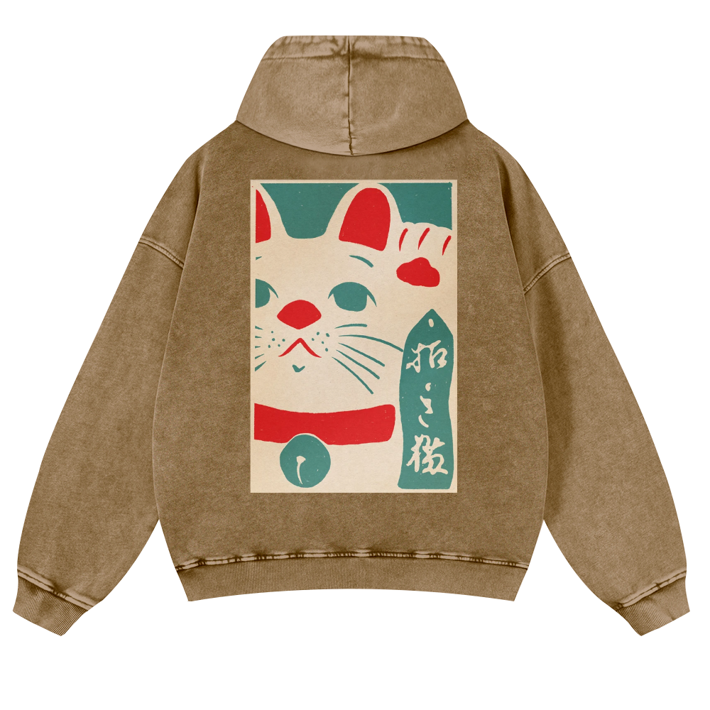 Lucky Cat Vintage Washed Cotton Back Art Hoodie