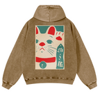 Lucky Cat Vintage Washed Cotton Back Art Hoodie