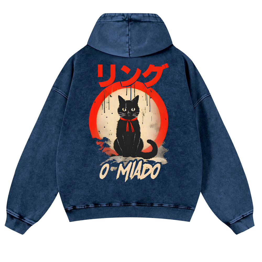 Black Cat Vintage Washed Cotton Back Art Hoodie