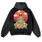 Cat And Frog Vintage Washed Cotton Back Art Hoodie