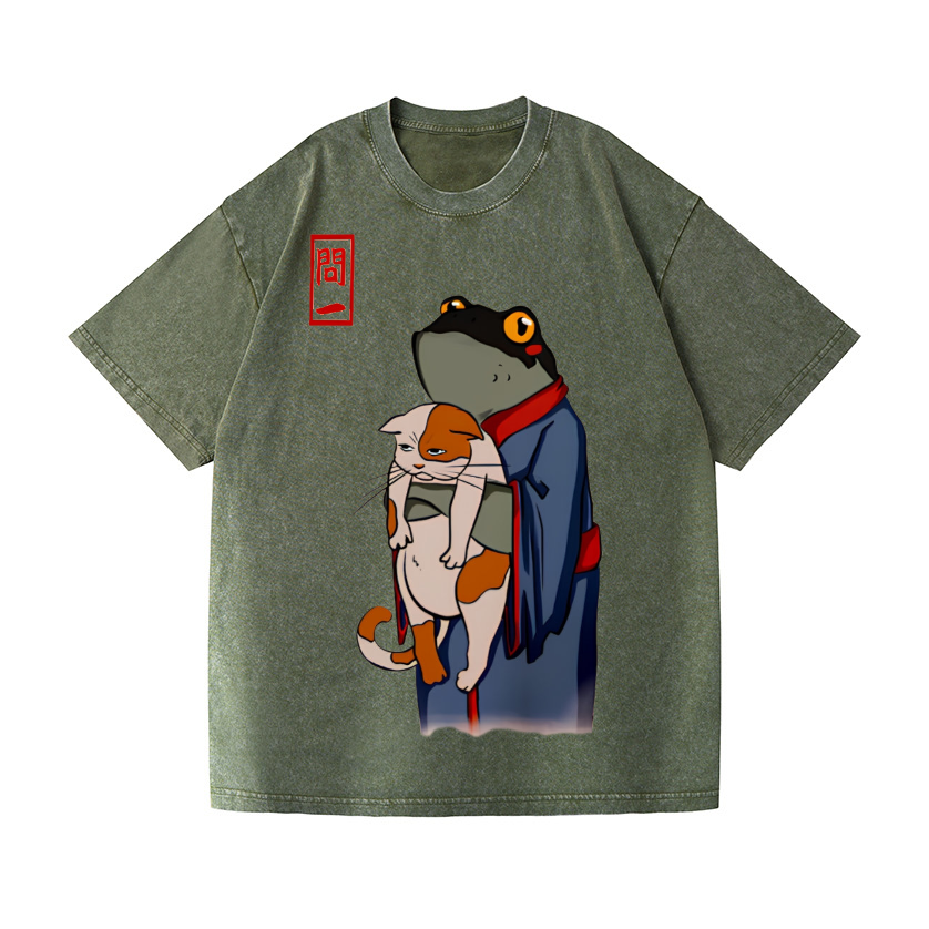Frog and Cat Vintage Wash Japanese Design T-Shirt