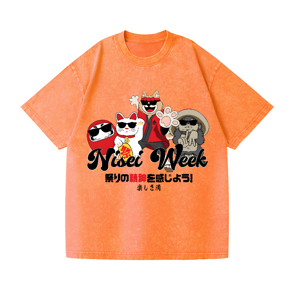 Cat Daruma Vintage Wash Japanese Design T-Shirt
