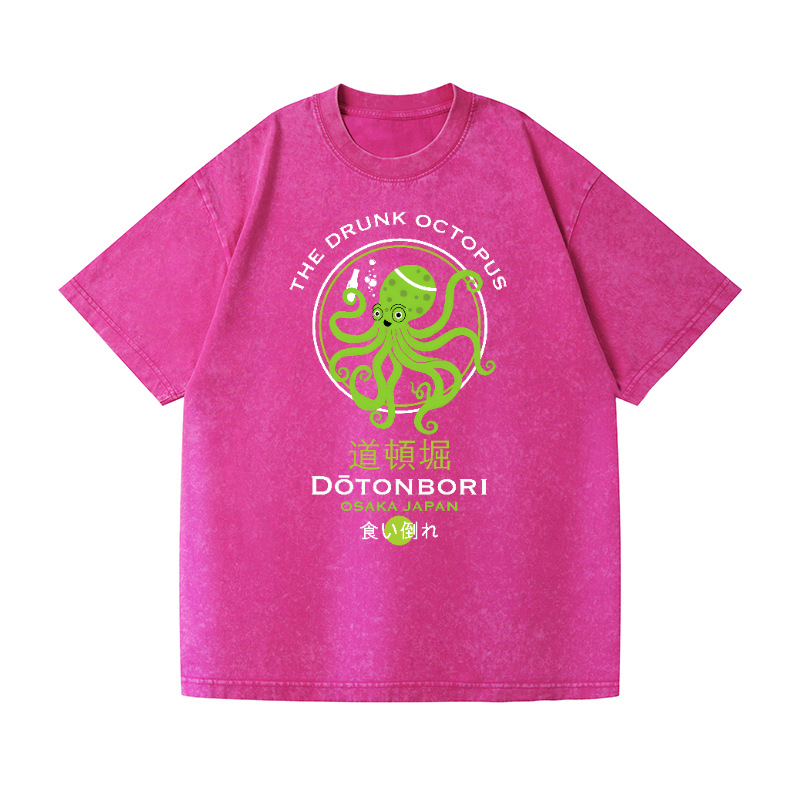 The Drunk Octopus Dotonbori Osaka Japan Vintage Wash Japanese Design T-Shirt