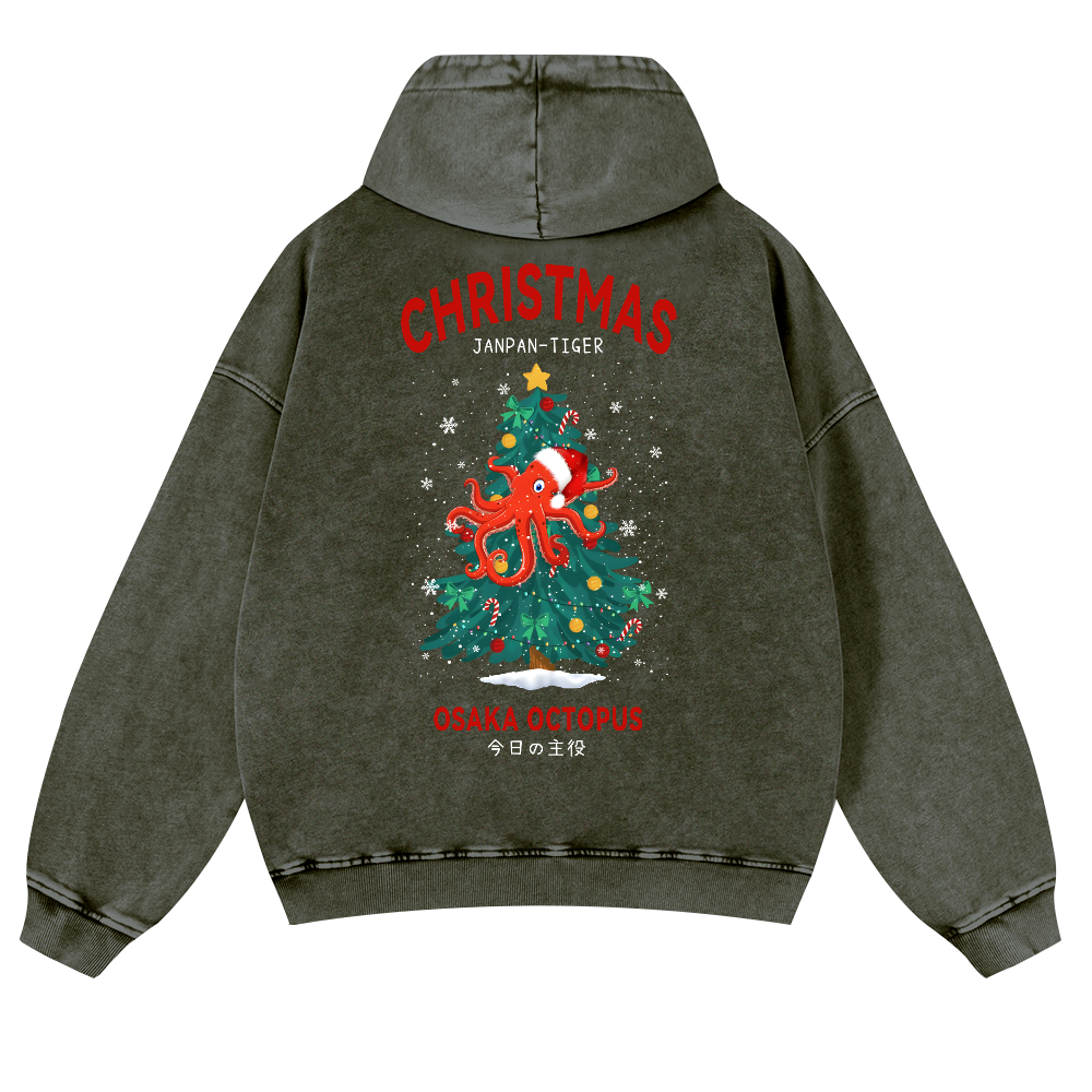 Christmas Osaka Octopus Vintage Washed Cotton Back Art Hoodie