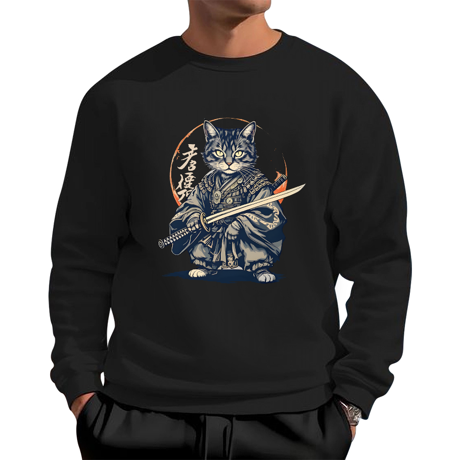 Samurai Cat Retro Ukiyo-e Painting Cotton Pullover Sweatshirt