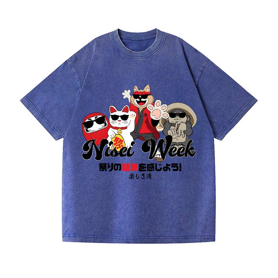 Cat Daruma Vintage Wash Japanese Design T-Shirt