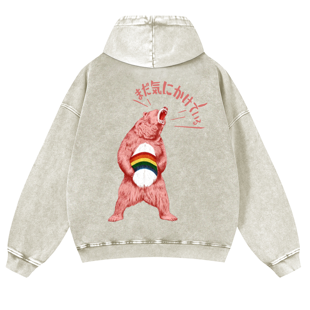 Bear Vintage Washed Cotton Back Art Hoodie