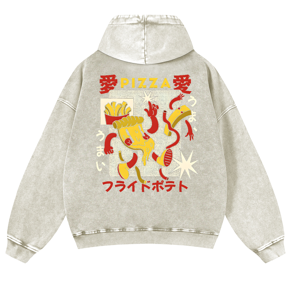 Japanese Pizza and French Fries Vintage Washed Cotton Back Art Hoodie