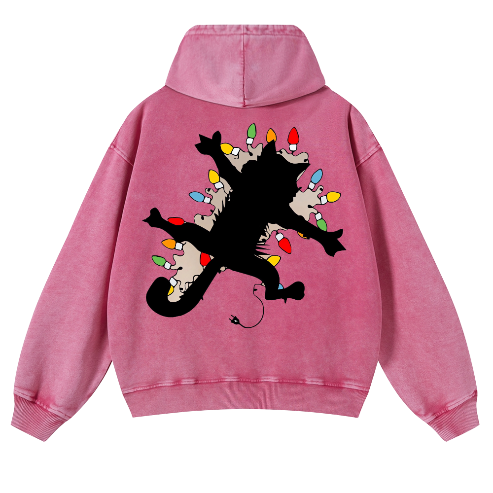 Cat Silhouette and Colorful Bulbs Vintage Washed Cotton Back Art Hoodie