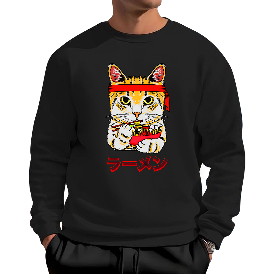 Cat Lamian Noodles Japan Cotton Pullover Sweatshirt