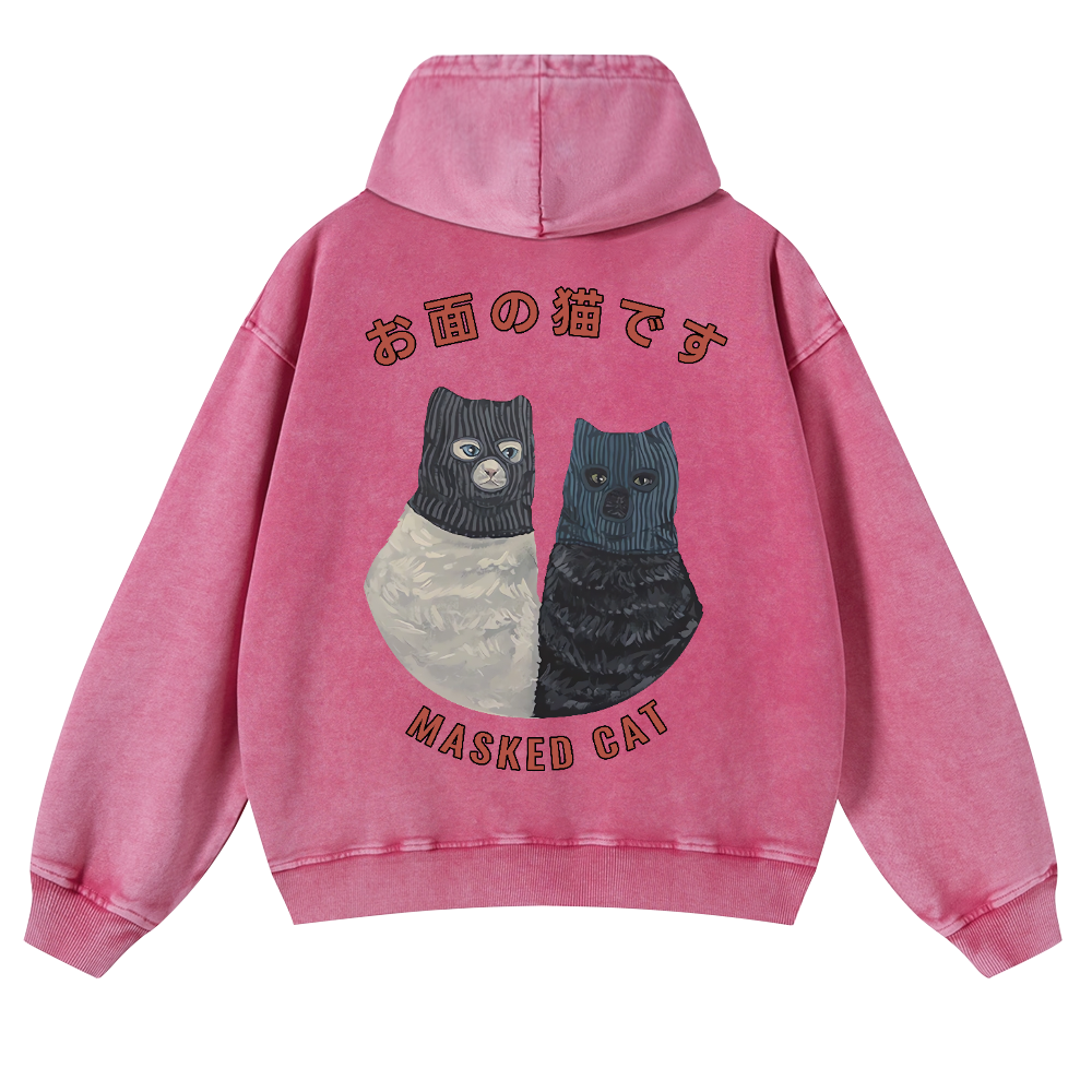 Masked Cat Vintage Washed Cotton Back Art Hoodie