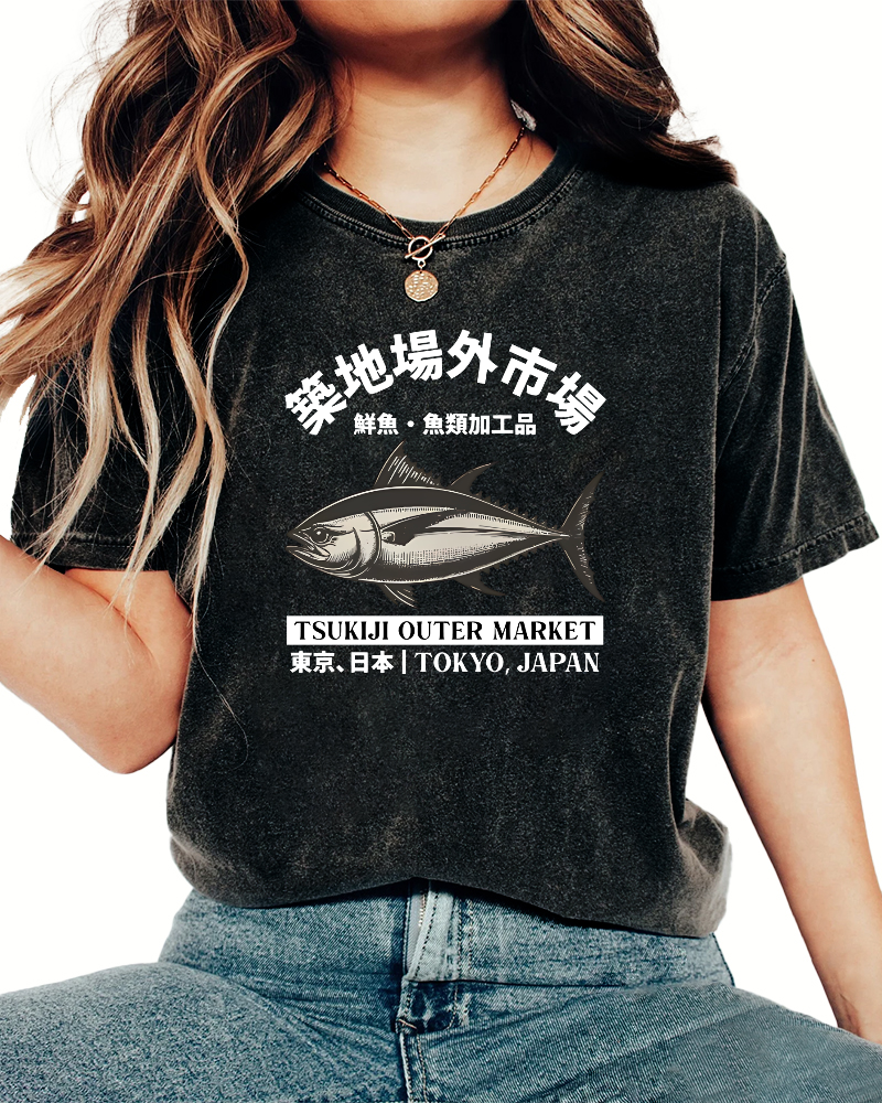 Japanese Style Tuna Pattern Vintage Distressed T-shirt